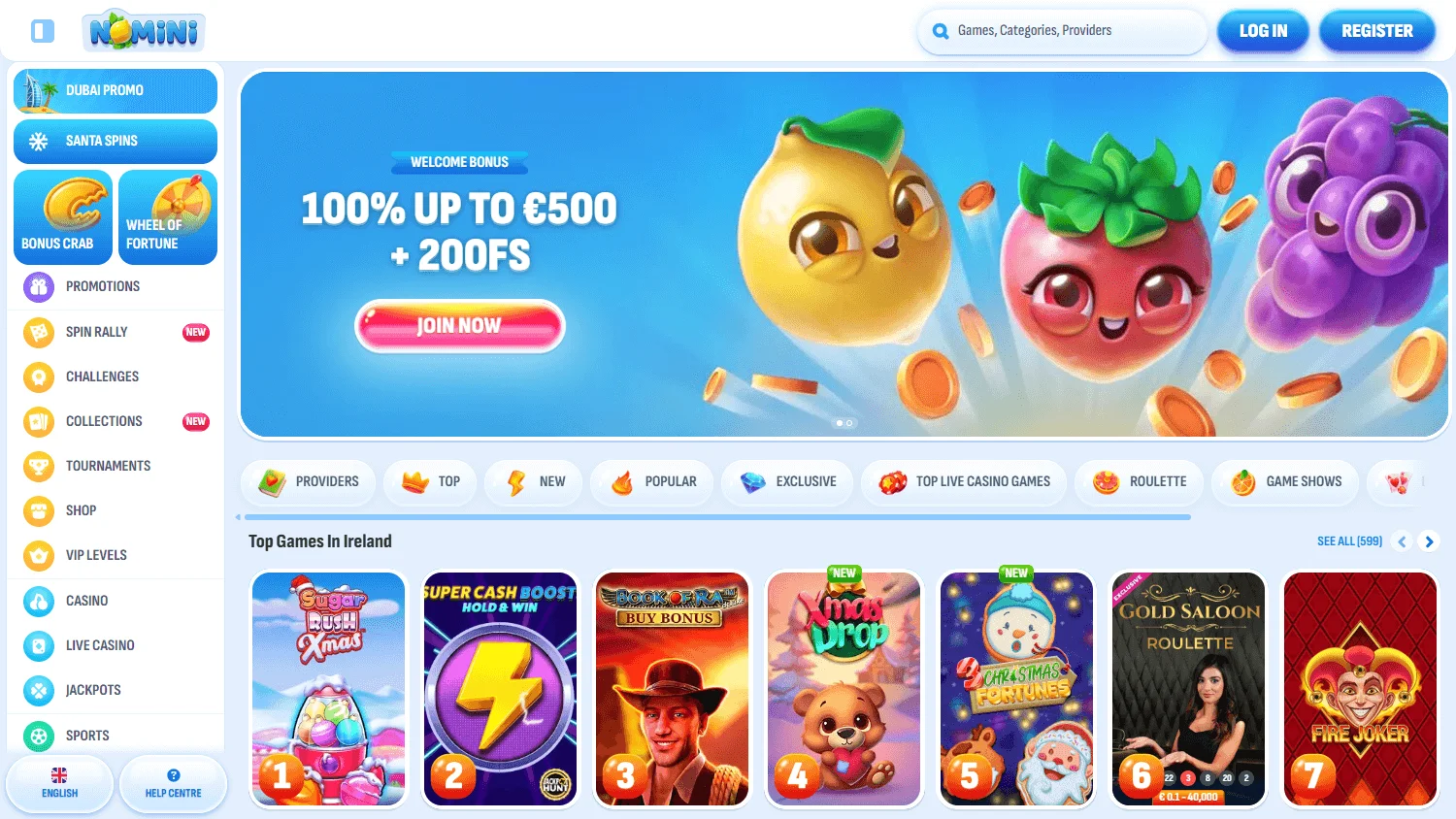 Nomini Casino home experience on desktop