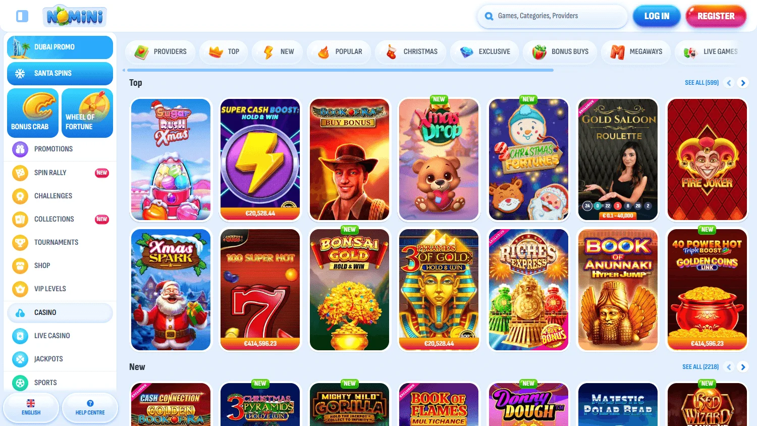 Nomini Casino game lobby on desktop